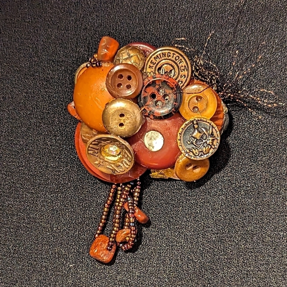 Vintage Button Brooch Pin signed MLH 10/95 whimsical fall autumn brown